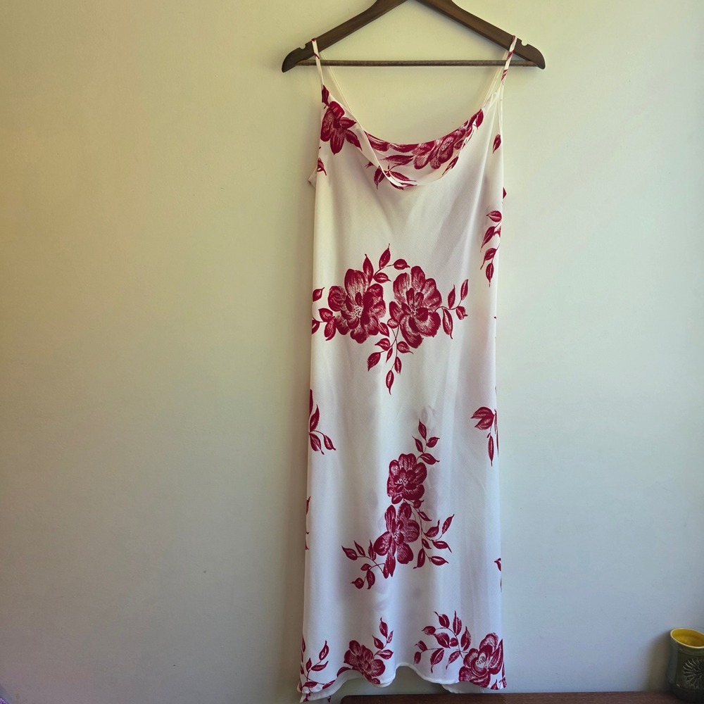 Vintage Y2K Floral Cowl Neck Midi Dress White‎ Red Size 8 Romantic Feminine